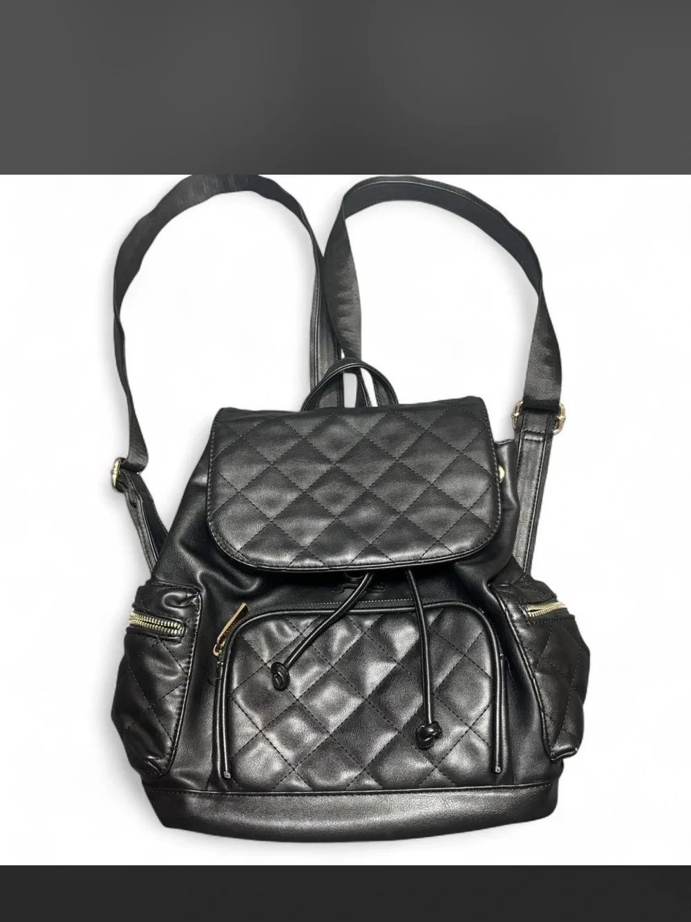 Quilted Drawstring Backpack - Black Leather-Effect